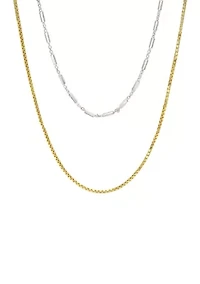 Two Tone Box and Station Layered Chain Necklace