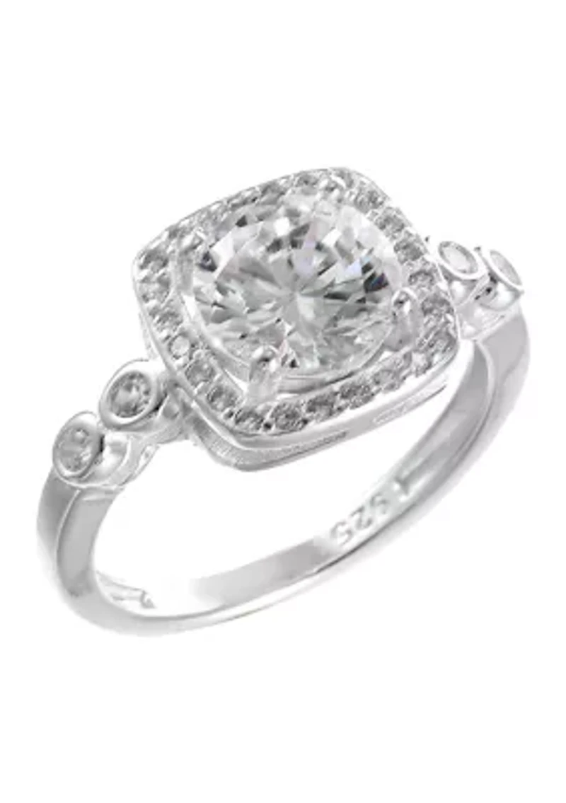 Lab Created Sterling Silver CZ Round Stone Halo Bezel Band Ring