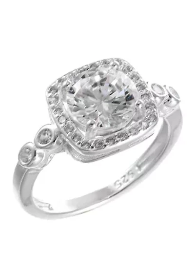 Lab Created Sterling Silver CZ Round Stone Halo Bezel Band Ring