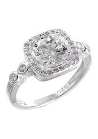 Lab Created Sterling Silver CZ Round Stone Halo Bezel Band Ring