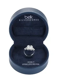 Lab Created Sterling Silver CZ Round Stone Halo Bezel Band Ring
