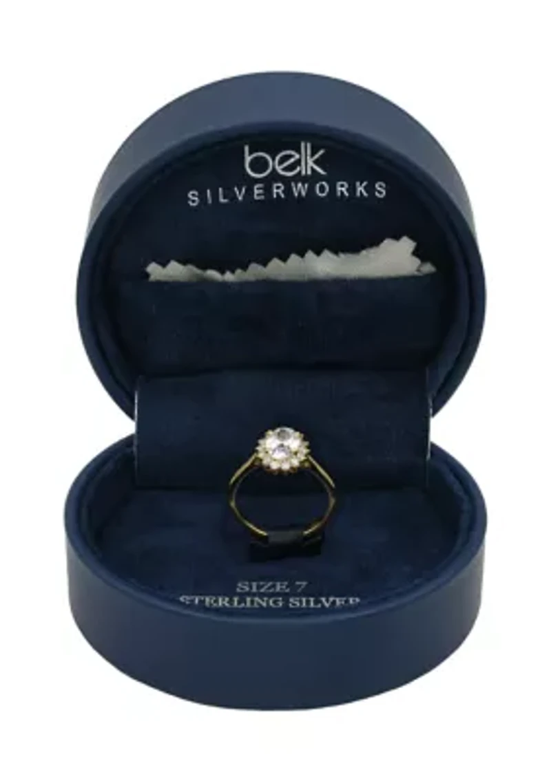 Lab Grown Round Cubic Zirconia with Halo Ring Gold over Sterling Silver
