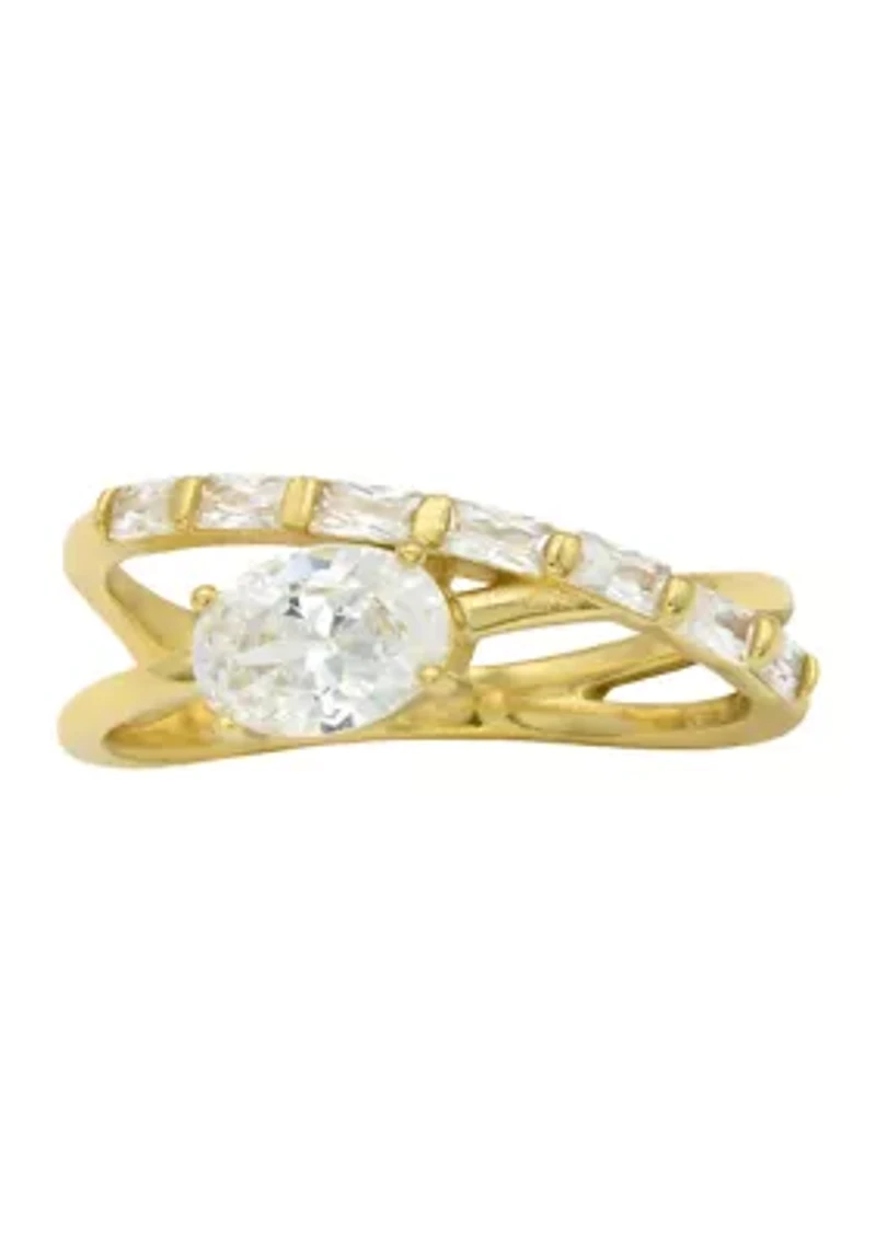 Lab Grown Oval Cubic Zirconia and Baguette Open Wrap Band Ring Gold Over Sterling Silver