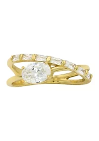 Lab Grown Oval Cubic Zirconia and Baguette Open Wrap Band Ring Gold Over Sterling Silver