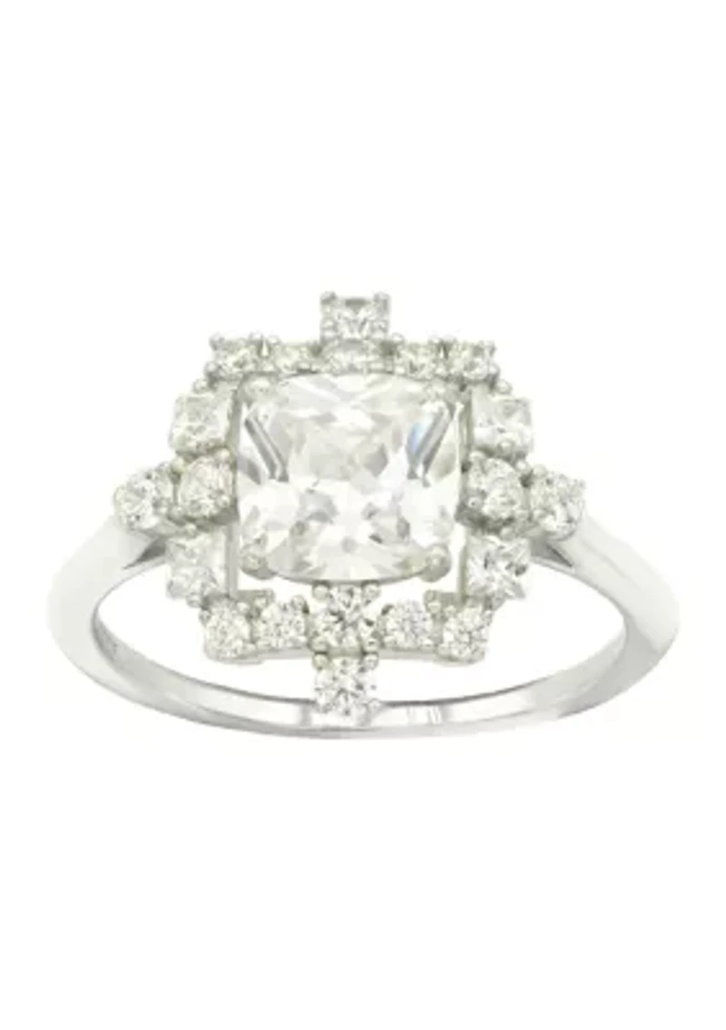 Lab Grown Cushion Cut Cubic Zirconia with Cluster Pavé Halo Ring Sterling Silver