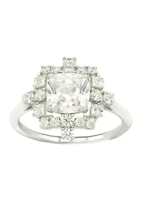 Lab Grown Cushion Cut Cubic Zirconia with Cluster Pavé Halo Ring Sterling Silver