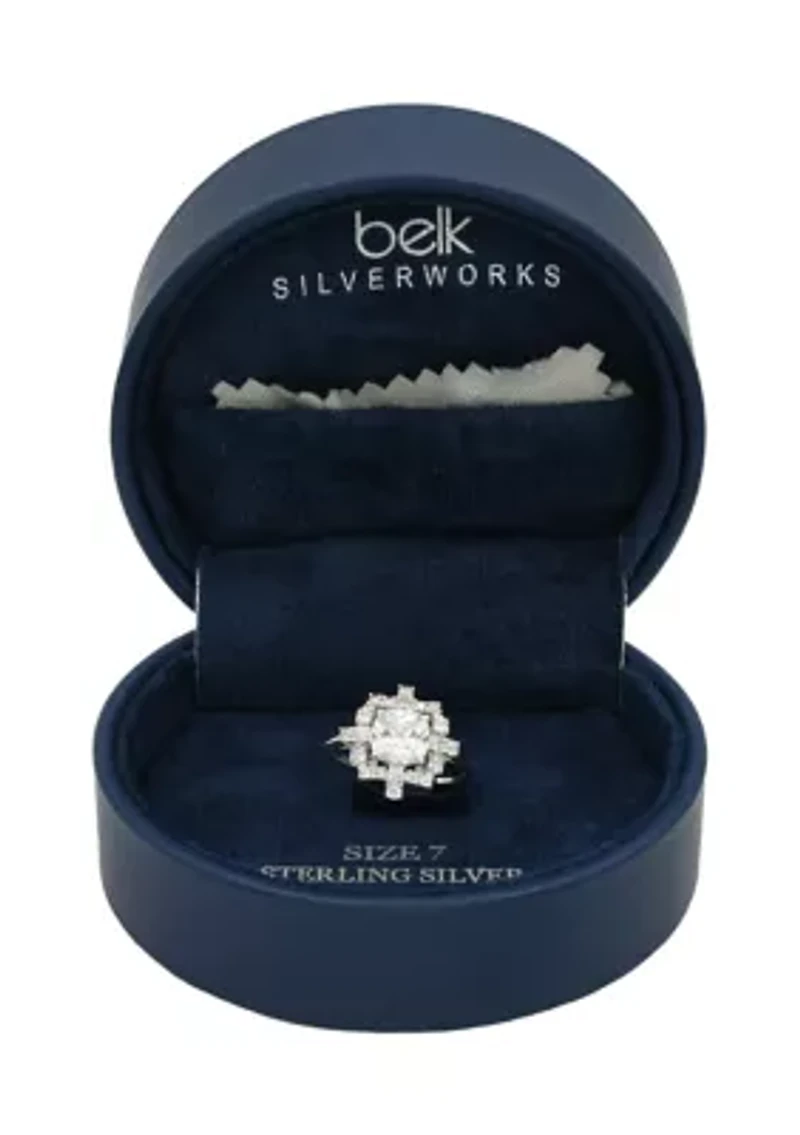 Lab Grown Cushion Cut Cubic Zirconia with Cluster Pavé Halo Ring Sterling Silver