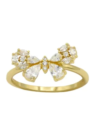 Lab Grown Pear Cubic Zirconia Cluster Bow Ring Gold Over Sterling Silver