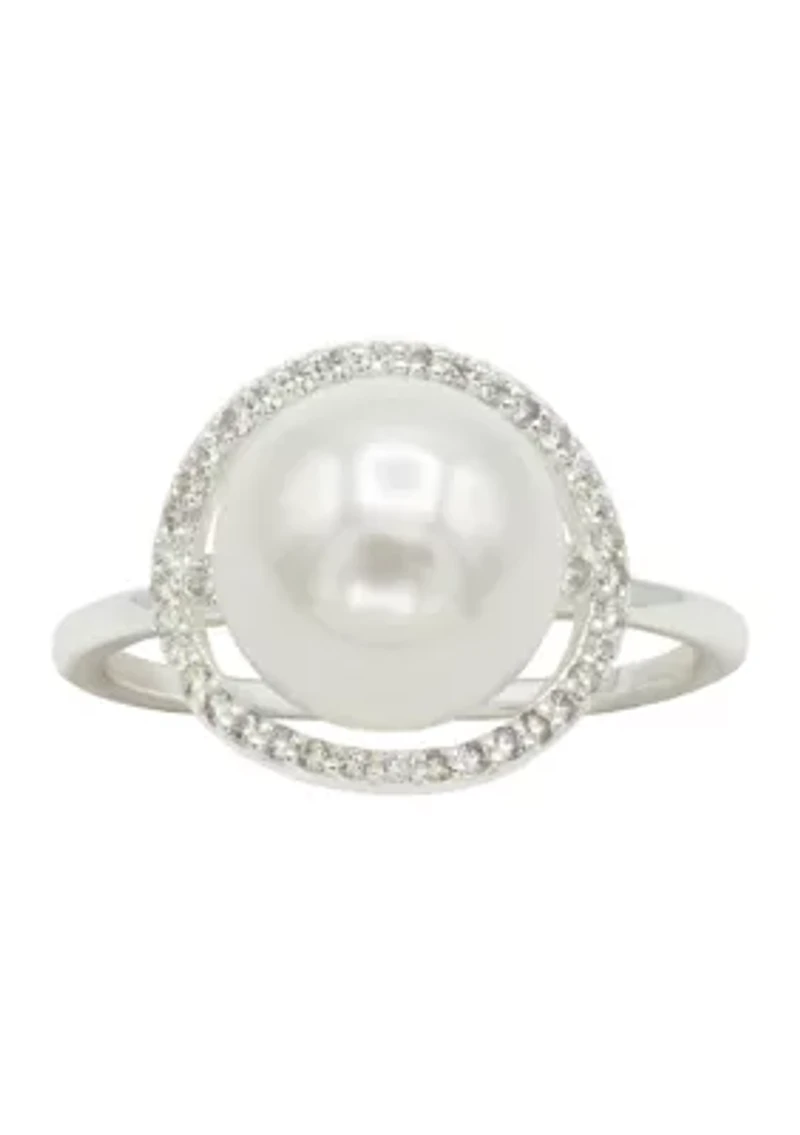Lab Grown Pearl with Cubic Zirconia Pavé Halo Ring Sterling Silver
