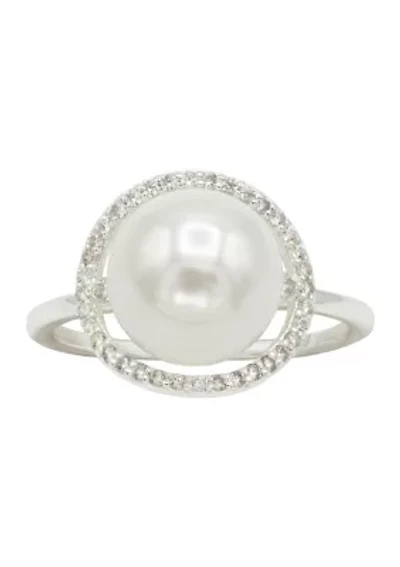 Lab Grown Pearl with Cubic Zirconia Pavé Halo Ring Sterling Silver