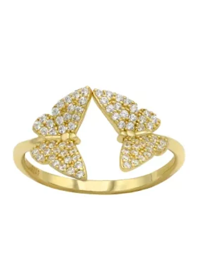 Lab Grown Pavé Cubic Zirconia Duo Butterfly Ring Gold Over Sterling Silver