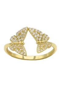 Lab Grown Pavé Cubic Zirconia Duo Butterfly Ring Gold Over Sterling Silver