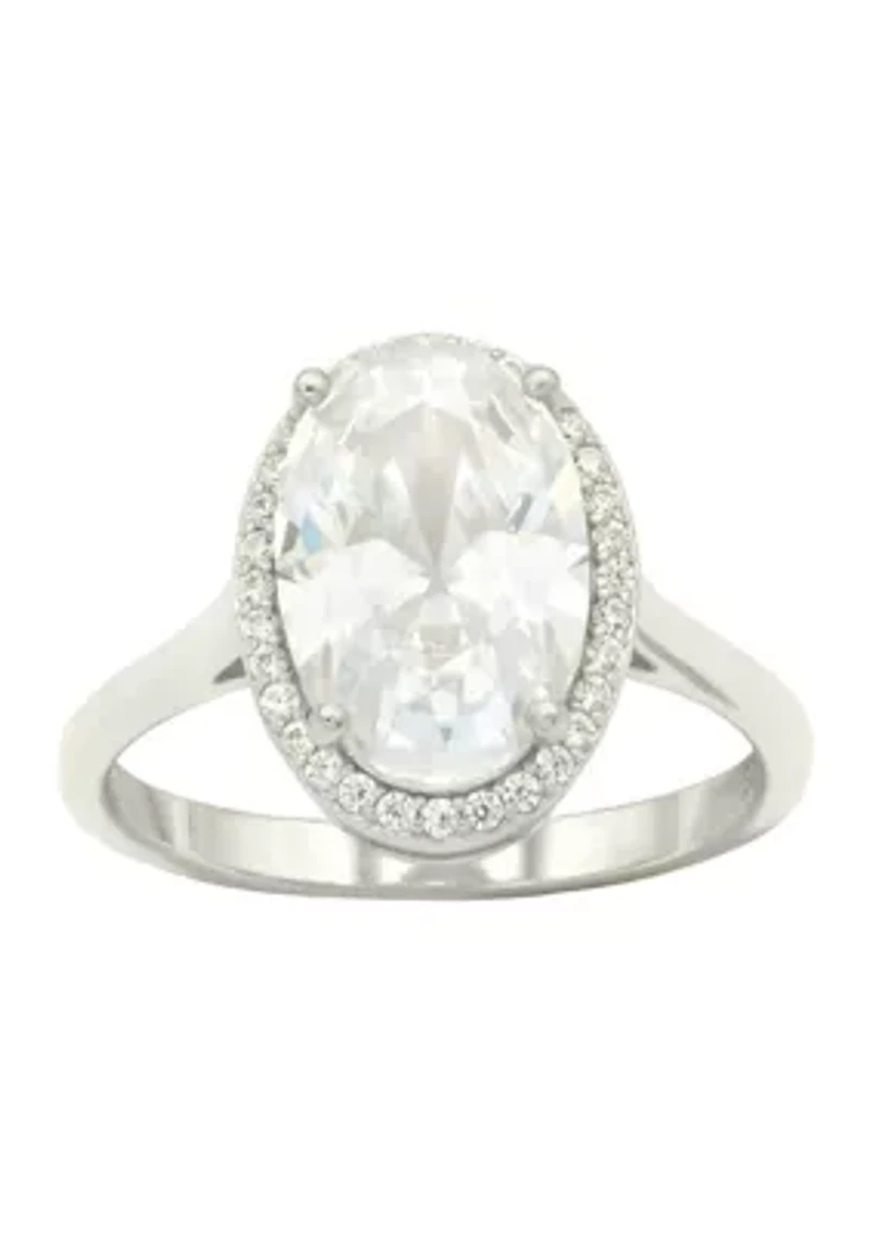 Lab Grown Oval Cubic Zirconia with Pavé Halo Ring Sterling Silver