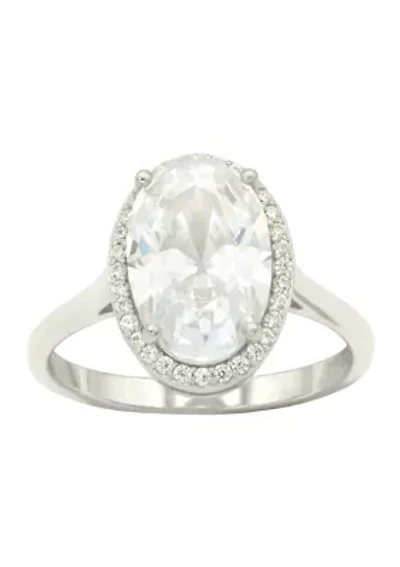 Lab Grown Oval Cubic Zirconia with Pavé Halo Ring Sterling Silver