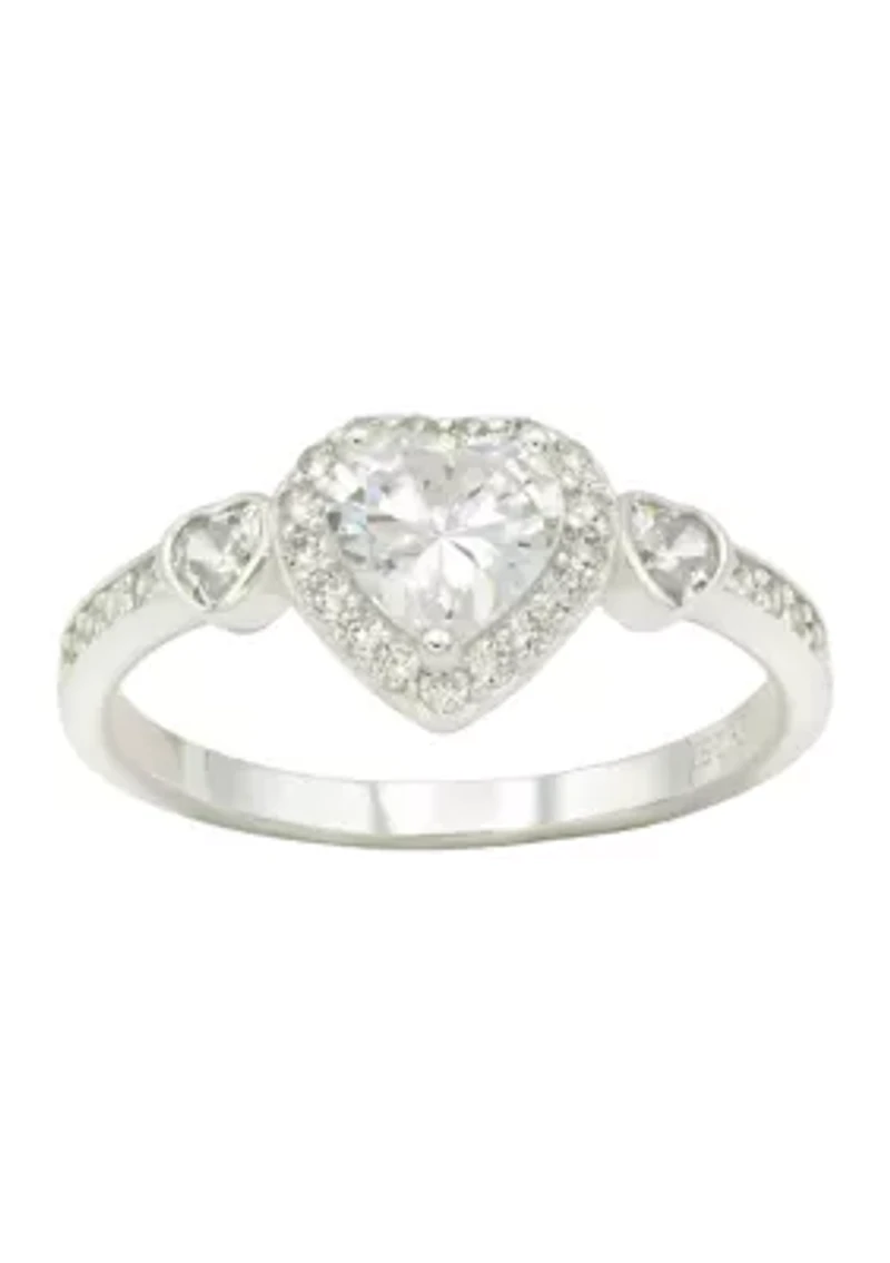 Lab Grown Cubic Zirconia Heart with Bezel and Pavé Band Ring Sterling Silver