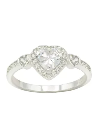 Lab Grown Cubic Zirconia Heart with Bezel and Pavé Band Ring Sterling Silver