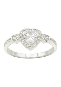 Lab Grown Cubic Zirconia Heart with Bezel and Pavé Band Ring Sterling Silver