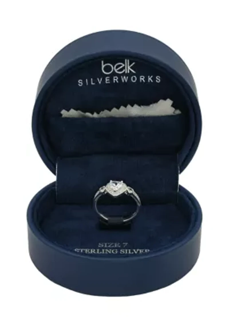 Lab Grown Cubic Zirconia Heart with Bezel and Pavé Band Ring Sterling Silver