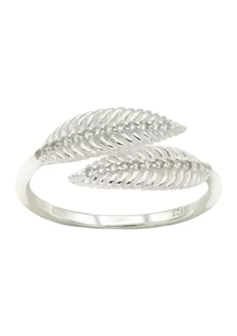 Lab Grown Pavé Cubic Zirconia Textured Leaf Wrap Ring Sterling Silver