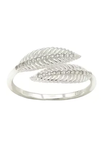 Lab Grown Pavé Cubic Zirconia Textured Leaf Wrap Ring Sterling Silver