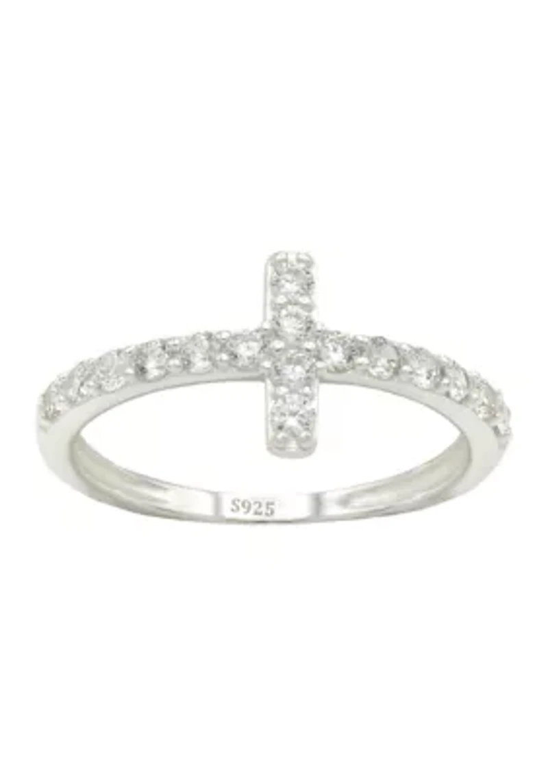Lab Grown Pavé Cubic Zirconia Sideways Cross Band Ring Sterling Silver