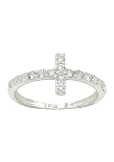 Lab Grown Pavé Cubic Zirconia Sideways Cross Band Ring Sterling Silver