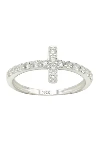 Lab Grown Pavé Cubic Zirconia Sideways Cross Band Ring Sterling Silver