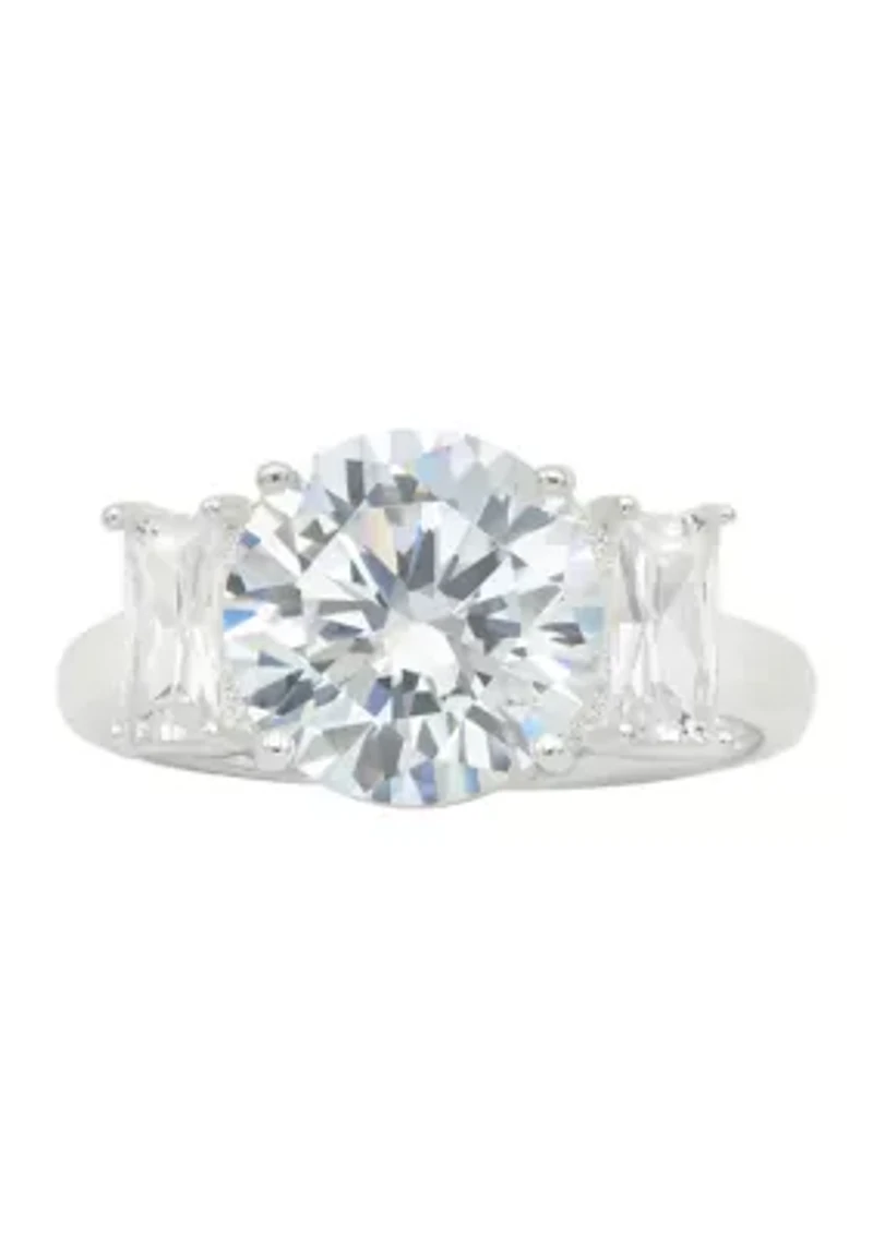 Lab Grown Round Cubic Zirconia with Baguette Stones Ring Sterling Silver