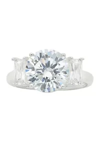 Lab Grown Round Cubic Zirconia with Baguette Stones Ring Sterling Silver
