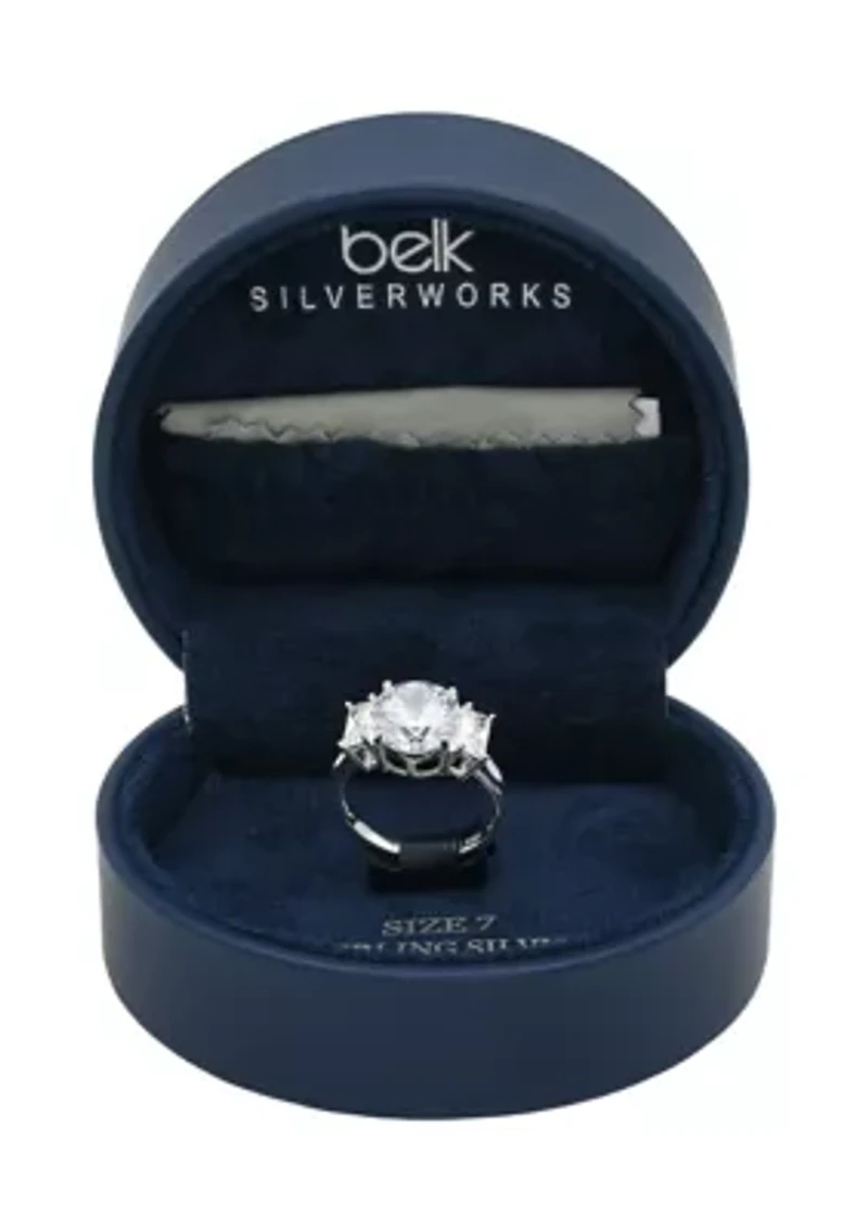 Lab Grown Round Cubic Zirconia with Baguette Stones Ring Sterling Silver