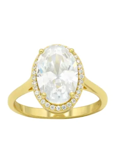 Lab Grown Oval Cubic Zirconia with Pavé Halo Ring Gold Over Sterling Silver