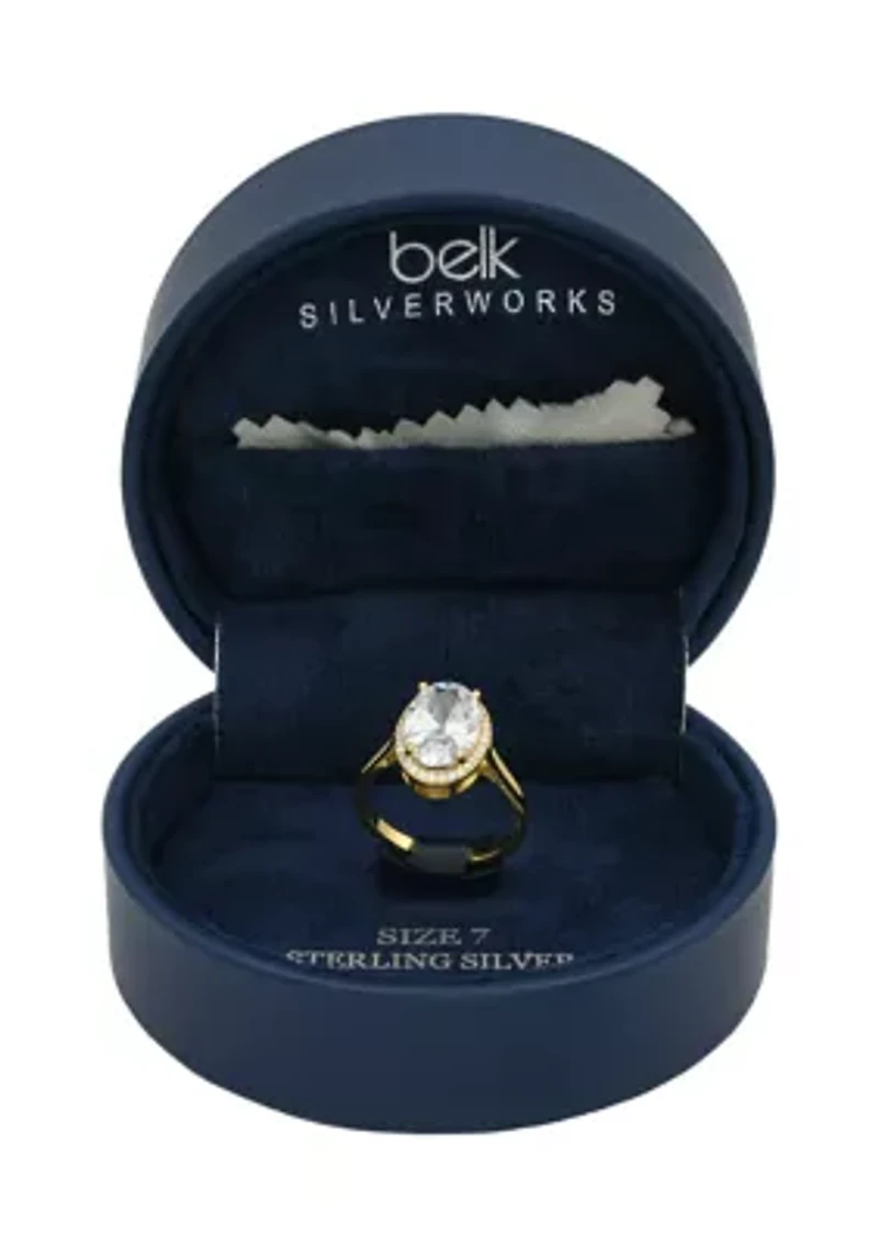 Lab Grown Oval Cubic Zirconia with Pavé Halo Ring Gold Over Sterling Silver