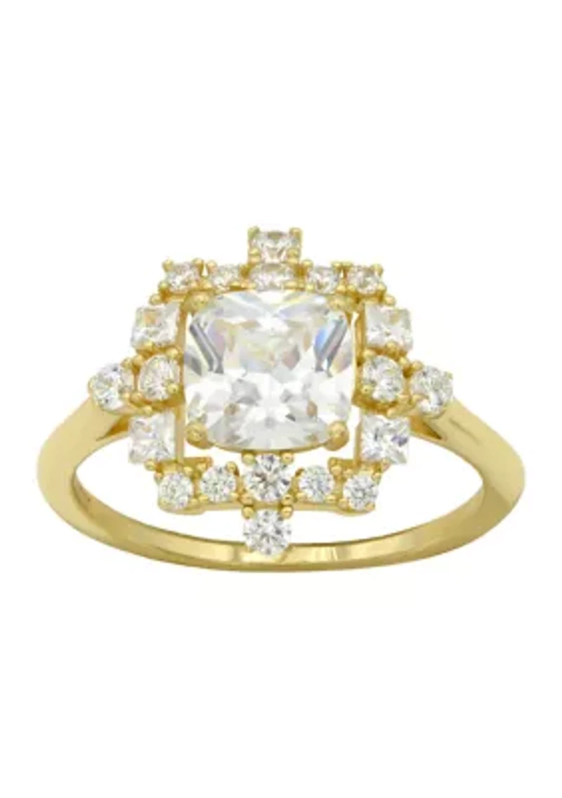 Lab Grown Cushion Cut Cubic Zirconia with Cluster Halo Ring Gold over Sterling Silver