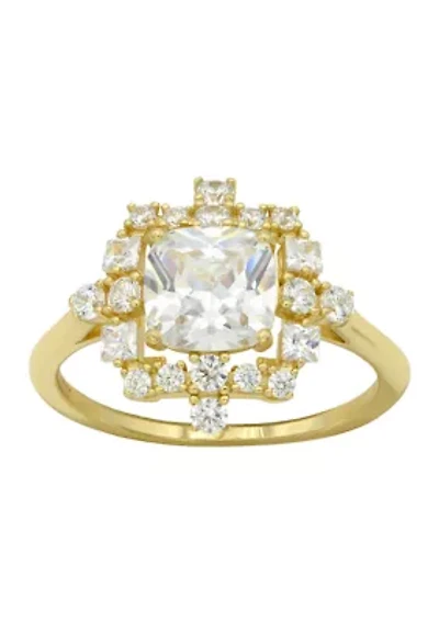 Lab Grown Cushion Cut Cubic Zirconia with Cluster Halo Ring Gold over Sterling Silver
