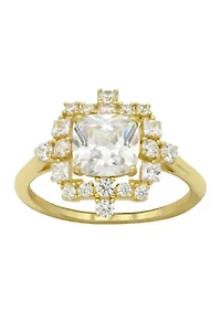 Lab Grown Cushion Cut Cubic Zirconia with Cluster Halo Ring Gold over Sterling Silver