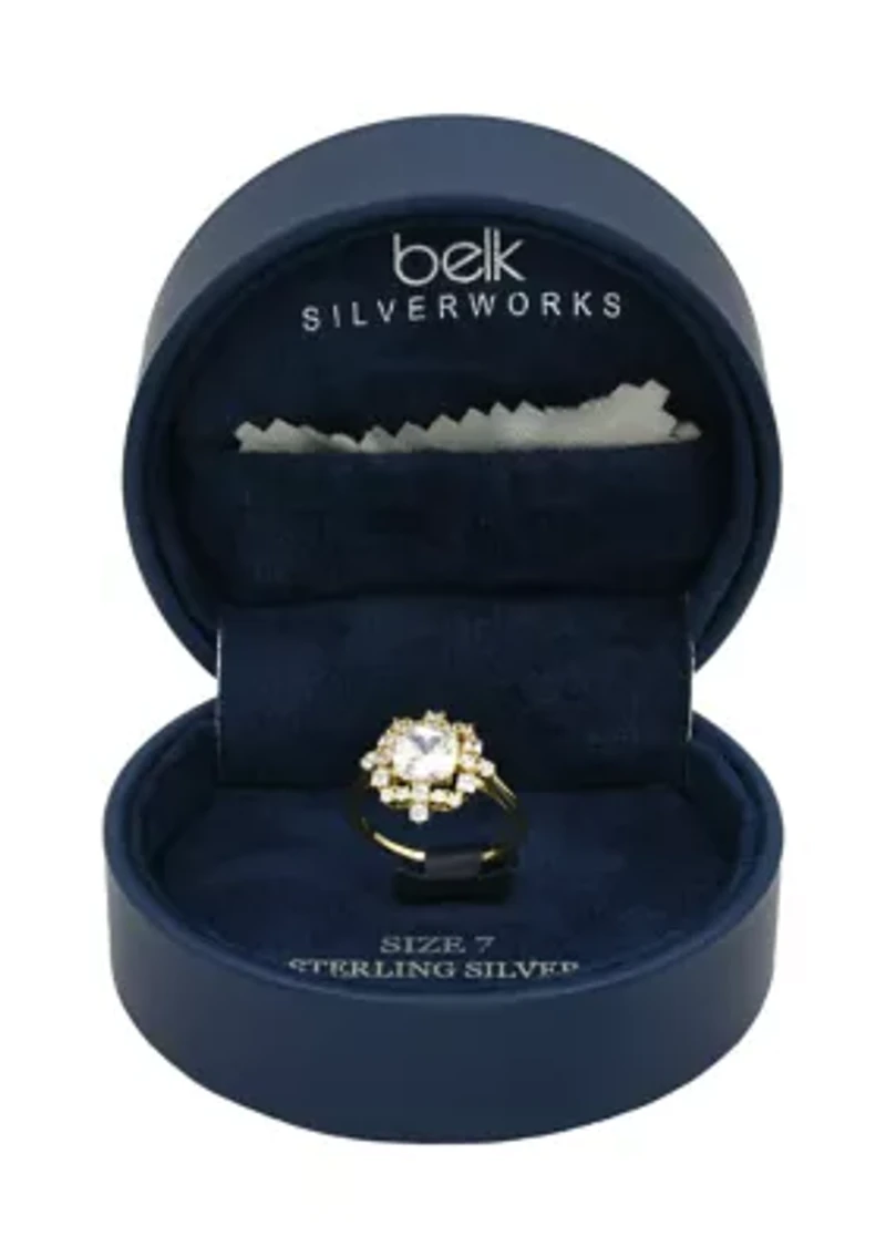 Lab Grown Cushion Cut Cubic Zirconia with Cluster Halo Ring Gold over Sterling Silver