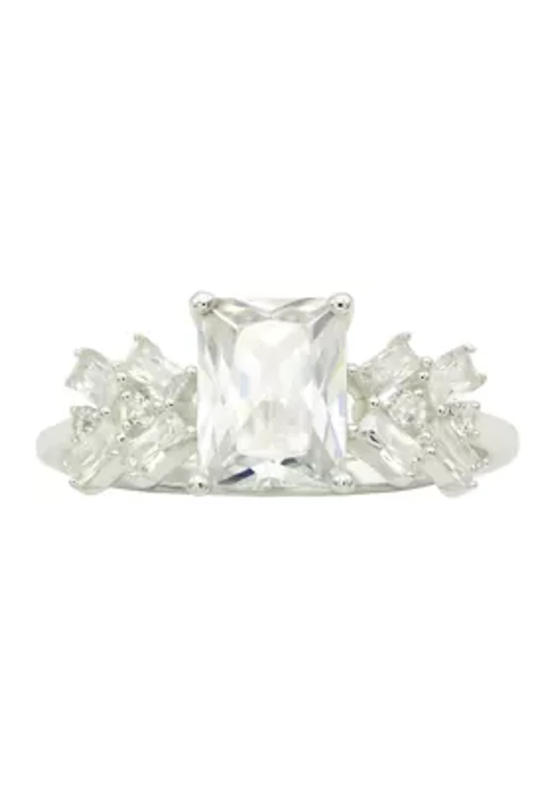 Lab Grown Emerald Cubic Zirconia with Rectangle Cluster Stones Ring Sterling Silver