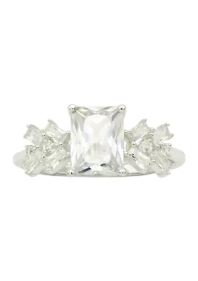 Lab Grown Emerald Cubic Zirconia with Rectangle Cluster Stones Ring Sterling Silver