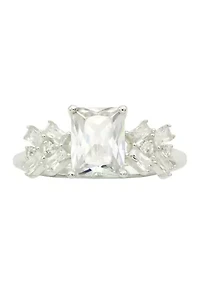 Lab Grown Emerald Cubic Zirconia with Rectangle Cluster Stones Ring Sterling Silver