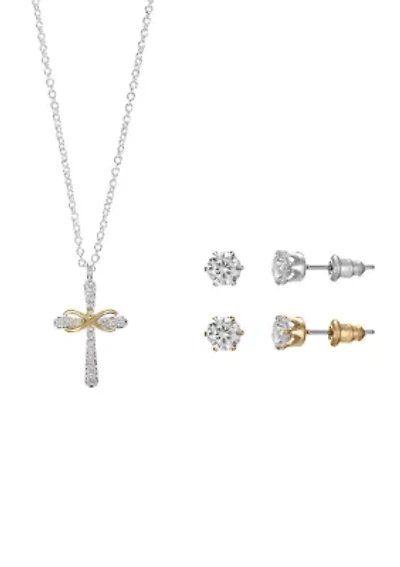 Lab Created Two Tone Pave Cross Pendant Necklace with CZ Stud Set