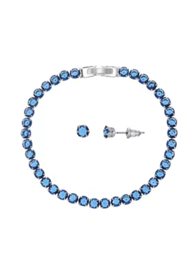 Lab Created Silver Tone Sapphire CZ Tennis Necklace and Earring Set