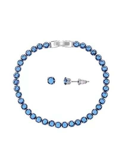 Lab Created Silver Tone Sapphire CZ Tennis Necklace and Earring Set