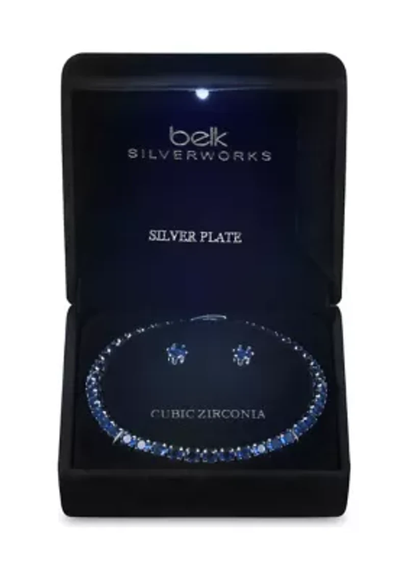 Lab Created Silver Tone Sapphire CZ Tennis Necklace and Earring Set