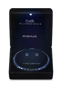 Lab Created Silver Tone Sapphire CZ Tennis Necklace and Earring Set