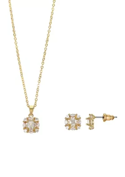 Lab Grown Plated Rectangle Cubic Zirconia with Scallop Halo Necklace and Earring Set