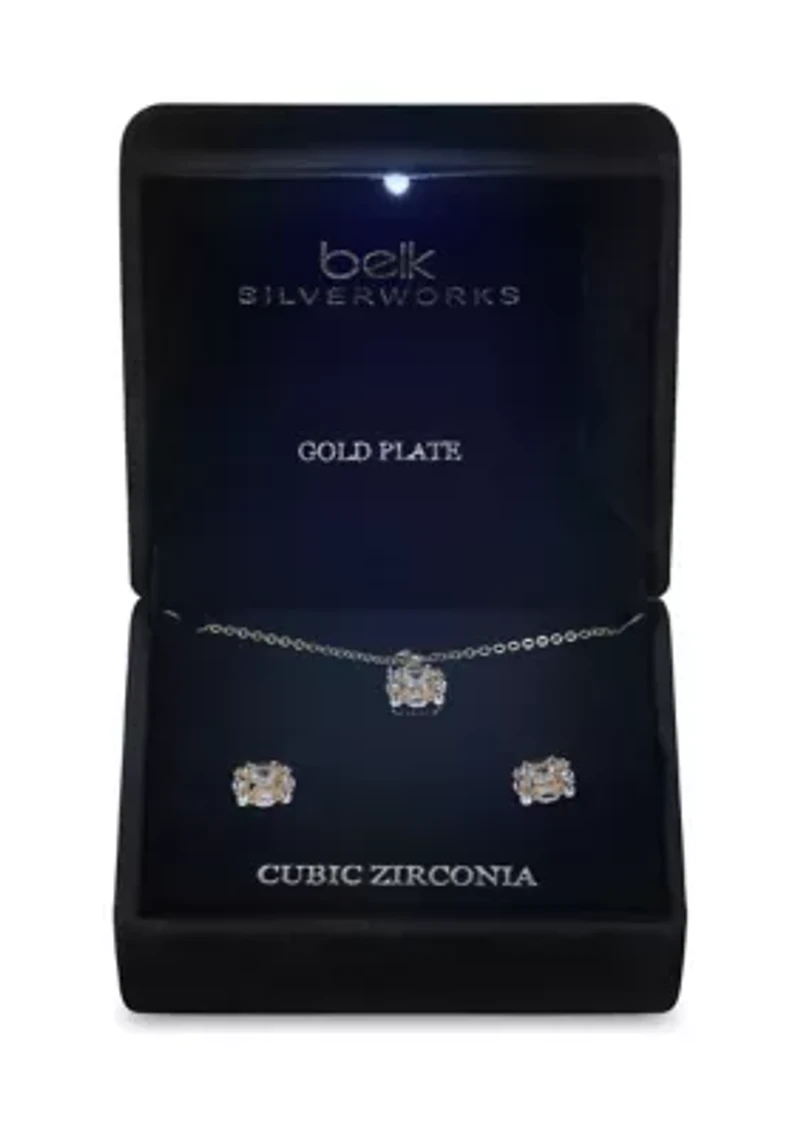 Lab Grown Plated Rectangle Cubic Zirconia with Scallop Halo Necklace and Earring Set