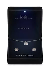Lab Grown Plated Rectangle Cubic Zirconia with Scallop Halo Necklace and Earring Set