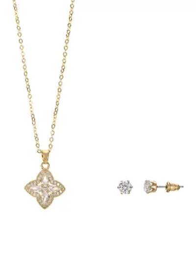 Lab Grown Plated Cubic Zirconia Clover Halo Pendant and Earring Set