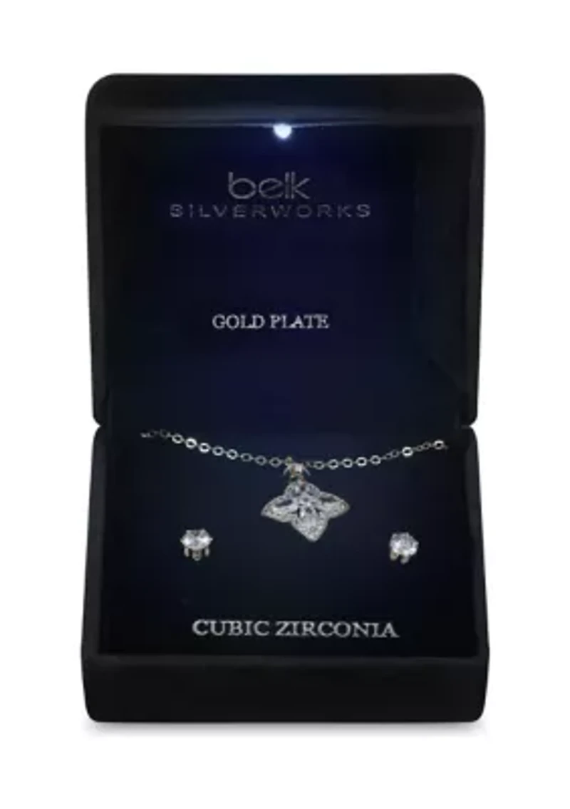 Lab Grown Plated Cubic Zirconia Clover Halo Pendant and Earring Set