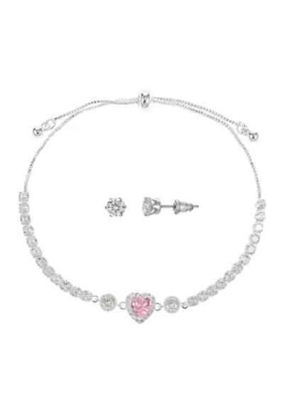 Lab Created Silver Plated CZ Bolo Tennis Bracelet with Pink Heart and Stud Earring Set